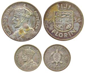 Fuji, Silver (2), George V, Florin, 1936, and 6 Pence, 1936. About Extremely Fine, Scarce.