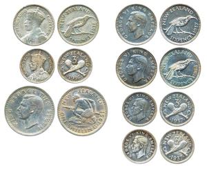 New Zealand, Silver (7), George V, 6 & 3 Pence; George VI, 1 Shilling, 6 Pence (2), and 3 