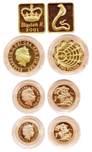 Elizabeth II, Gold (3), 27.94 g, 2001 Proof Set, 2 Pounds, 1 and ½ Sovereign, with gold ti