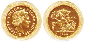 Elizabeth II, Gold, 40.0 g, Brilliant Uncirculated Set, 5 Pounds,1998. In original box of 