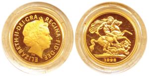 Elizabeth II, Gold, 8.0 g, 1 Sovereign, 1998 .