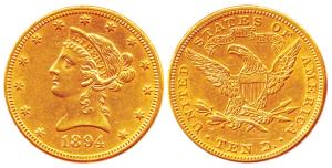 USA, Gold, 16.71 g, 10 Dollars, 1894, Liberty Head. About Extremely Fine, Scarce.