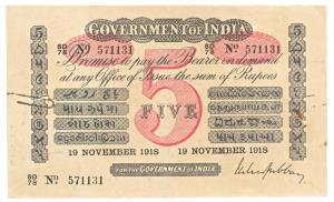 Government of India, Uniface, Rupees 5, red under print, signed M. M. S. Gubbay, 19th Nove