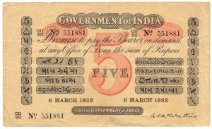 Government of India, Uniface, Rupees 5, red under print, Universal, signed A. C. McWatters