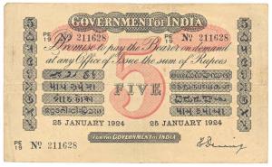 Government of India, Uniface, Rupees 5, red under print, signed H. Denning, 25th January 1