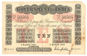 Government of India, Uniface, Rupees 10, red under print, signed M. M. S. Gubbay, 9th Marc
