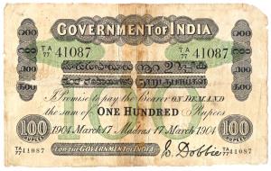 Government of India, Uniface, Rupees 100, green under print, Madras circle, signed W. Dobb