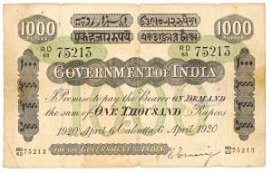 Government of India, Uniface, Rupees 1000, green under print, Calcutta circle, signed H. D