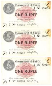 George V, Rupee 1, 1st issue, 1917, signed M. M. S. Gubbay, three notes in order of serial