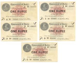George V, Rupee 1, 1st issue, 1917, signed A. C. Mc Watters, five different prefixes – J, 