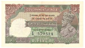 George V, Rupees 5, 2nd issue, 1933, signed J. W. Kelly, thin paper variety, (Jhun# 5.1A).