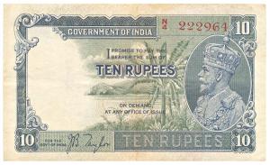 George V, Rupees 10, 3rd issue, 1935, signed J. B. Taylor, (Jhun #8.1B). Very Fine.