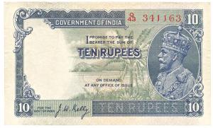 George V, Rupees 10, 3rd issue, 1933, signed J. W. Kelly, (Jhun #8.2). Very Fine+.