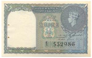 George VI, Rupee 1, 1st issue, 1944, signed C. E. Jones, serial number in black (Jhun #1.1