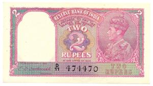 George VI, Rupees 2, 1944, signed C. D. Deshmukh, (Jhun #2.2). Uncirculated.