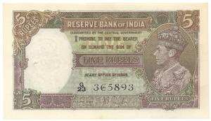 George VI, Rupees 5, 1st issue, 1938, signed J. B. Taylor, (Jhun#3.1). About Uncirculated.