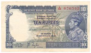 George VI, Rupees 10, 1st issue, 1938, signed J. B. Taylor, (Jhun #5.1). Very Fine+.