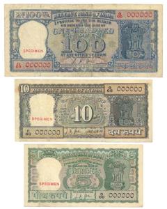 Rupees 5, 10, 100, Specimen, signed L. K. Jha, (Jhun# 3.6.2, 4.7.1 & 7.5.2). Fine to Very 