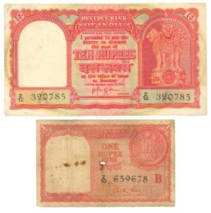 Persian Gulf issue, Rupees 1 & 10, 1957 & 1959, signed A. K. Roy, H. V. R. Iengar, (Jhun#1