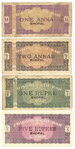 Bhopal, 1 Anna, vertical panel at left, purple colour, handwritten on the reverse “Austria