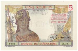 Specimen, Rupees 5, Banque De L'Indochine, Pondichery, (Jhun# 2.2). Uncirculated. Very Rar