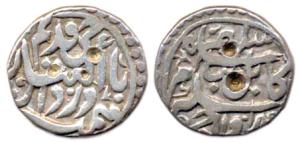 Jehangir as Salim, Silver, ½ Rupee, Kabul Mint, Darul Ebad couplet, AH 1014. The couplet r