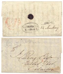 1838: H.G. No.4, BERHAPORE / Post Paid in oval, 2nd setting, 39 x 23 mm., entire, dt. 24 M