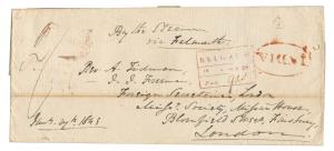 1843: H.G. No. 5. Belgaun /18 June 43 / Paid 9As. Handstruck in Red, 'India' oval in Red b