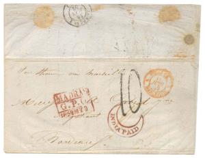 1852: (30 April) entire letter sheet sent from Madras to Bordeaux via Marseilles. On front