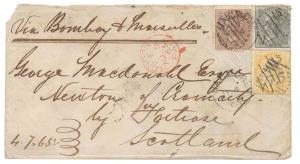 1865: Type – 4a. Cover from Nagpore to Fortrose via Bombay and Marseilles, London and Inve