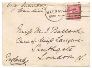 1875: Type – 17. Cover from Madras to London via Bombay and Brindisi, franked with East In