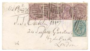 1885: Type – 19. Cover from Adyar to London via Bombay, franked with India QV ½ a. Blue-Gr