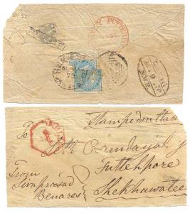 1870: Type -102. A cover with E.I. ½ stamp (torn condition) cancelled with Type - 9 Benara