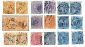 Bombay City Urban cancellation on 18 stamps, three pairs (2 on E.I. stamp 2 as. and 1 on ½