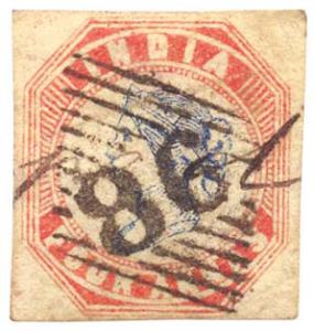 Lithograph: S.G. 19, QV 4 as. Frame die I, Head die II, cut to square, three sides good ma