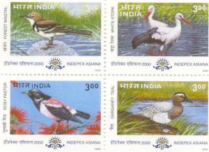 2000: Indepex Asiana, Migratory birds, SG. Nos.1934-37, Rs.3/- + Rs. 3/- + Rs. 3/- + Rs. 3