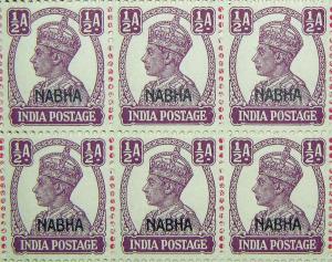 1943: SG No. 106, (100a), King George VI, ½ as., Purple overprinted 'NABHA' (Type 6), Comp