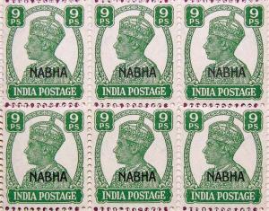 1942: SG No. 107, (100a), King George VI, 9 pies, Green overprinted 'NABHA' (Type 6), Comp