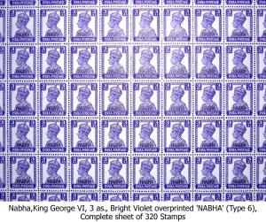 1943: SG No. 112, (100a), King George VI, 3 as., Bright Violet overprinted 'NABHA' (Type 6