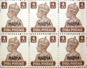 1942 - 1943: SG No. 114, (102), King George VI, 4 as., Brown overprinted 'NABHA' (Type 6),