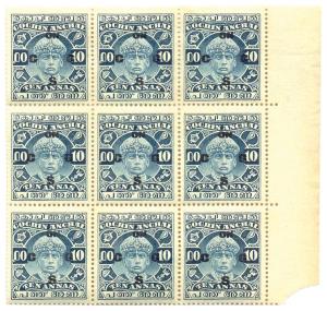 1933 - 1938: SG No. O43,10 as., Blue overprinted 'ON C G S” type O5, Block of 9 Stamps wit