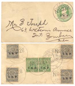 KGV ½ as Green on white, overprinted I.E.F. PS envelope (Pratisad MEN9) used from FPO No.3