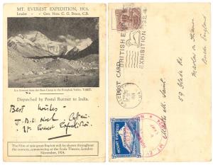 Mt. Everest Expedition, 1924 Special Post Card with Mount Everest Expedition label in Blue