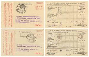 Meter Franking in two Colours dated 1927 from Bombay. 2 Nos, ½ as. Post Cards & 2 Nos., 1a