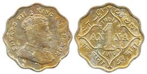 King Edward VII, Copper, Anna, 1910, B incuse, on crown patti. About Very Fine, Rare.