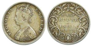 Victoria Empress, Silver, ½ Rupee, 1877, obv. B2, rev. II, dot, Bombay Mint. Fine, Extreme