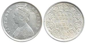 Victoria Empress, Silver, ½ Rupee, 1879, obv. A, rev. I, C incuse, Chisel mark near crown,