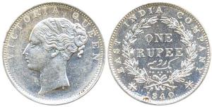 Victoria Queen, Silver, Rupee, 1840, continuous legend, English Head, S incuse, 35 berries