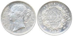 Victoria Queen, Silver, Rupee, 1840, divided legend, W.W.B. raised, Raised dot after B, 28