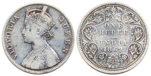 Victoria Queen, Silver, Rupee, 1862, obv. B, rev. III, Calcutta Mint. Fine, Very Rare.